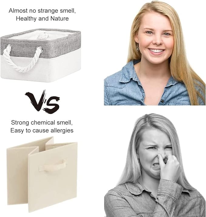 Basket for Organizing Cube Stgorage Bin - Small 6 Pack Fabric Storage Cubes Collapsible Baskets for Shelves with Rope, Bins for Organization Closet Cloth Toy Laundry Canvas (Grey&White 12x8x5.2 inch)