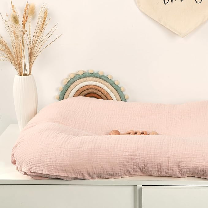 Hooyax Baby Lounger Cover 2 Pack - 100% Muslin Cotton Newborn Lounger Pillow Covers Only, Soft Breathable Infant Lounger Cover with Reinforced Stitching, Fits Most Standard Baby Loungers (Pink Wheat)