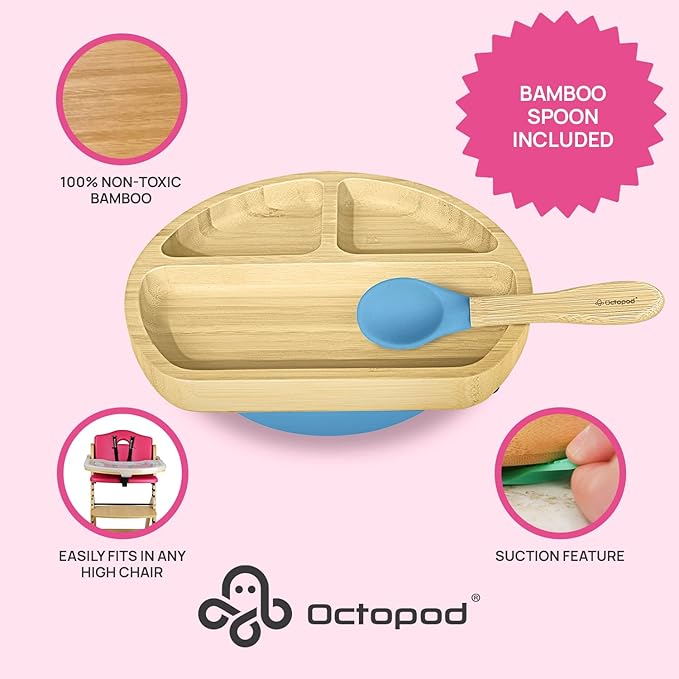Abiie Octopod Bamboo Dish - Kids Plates for 4 months and up, 3-Compartment Baby Plates with Suction, Triangle Bamboo Baby Plate, Mess-Free Toddler Suction Plates, Baby Feeding Supplies, 8.3x1.9x7.7 in