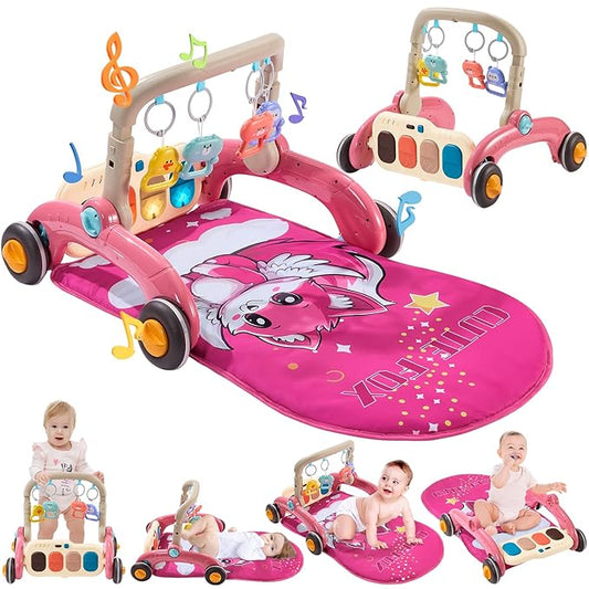 Baby Play Gym Walker Kick and Play Piano Gym for Boys Girls Play Mat Musical Tummy Time Mat Infant Christmas Newborn Gifts Toddlers (Fox Upgraded)