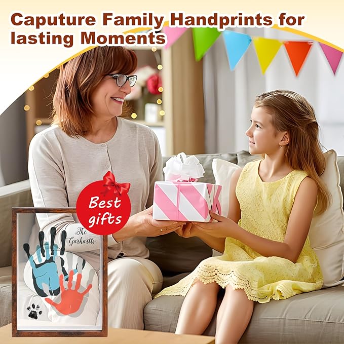 Family Handprint Kit,DIY Colorful Craft Keepsake Family Art Baby Newborn Hand and Footprint Wooden Frame for Home Decor Family Gifts Set(5 Sheets with 8 Colors) (Wood)
