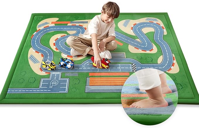 Kids Play Rug with Roads, 79"×118" Large Floor Mat Toy Cars Race Track for Classroom 1.3" Thickened Elasti-Foam Activity Education Baby Play Mat with Anti-Slip Backing