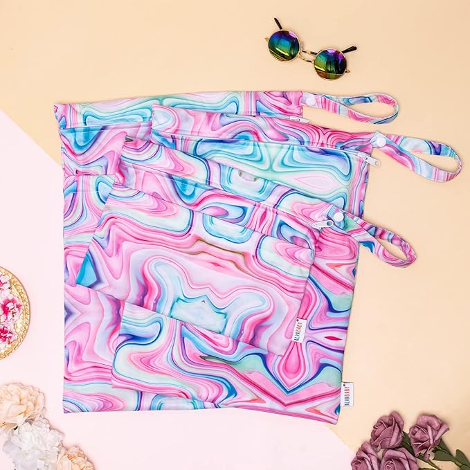 ALVABABY 3pcs Baby Cloth Diaper Wet/Dry Bags|Waterproof Reusable with Two Pockets|Travel, Beach, Pool, Daycare, Soiled Baby Items,Yoga，Gym Bag for Swimsuits or Wet Clothes Pink impression 3L-BS04