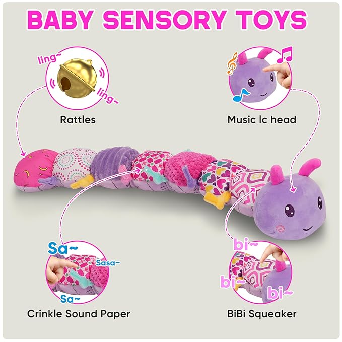 Baby Girls Toys 0-6 Month Baby Stuffed Animal Toys for 0-6 6-12 Months & A Pair of Wrist | Baby Musical Caterpillar Tummy Time Toy | Newborn Infant Sensory Toy for 1 2 Years Old Boys Girls.