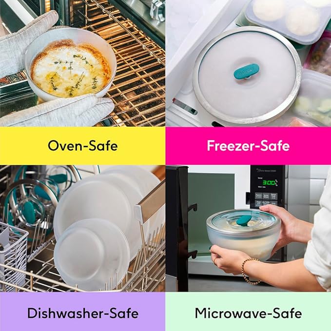 Anyday 4-Cup Glass Food Storage with Glass Lid, Round Shallow Dish | Plastic-Free Meal Prep & Microwave Cookware | Stackable Airtight Storage Container with Vented Lid for Microwave-Safe Reheating