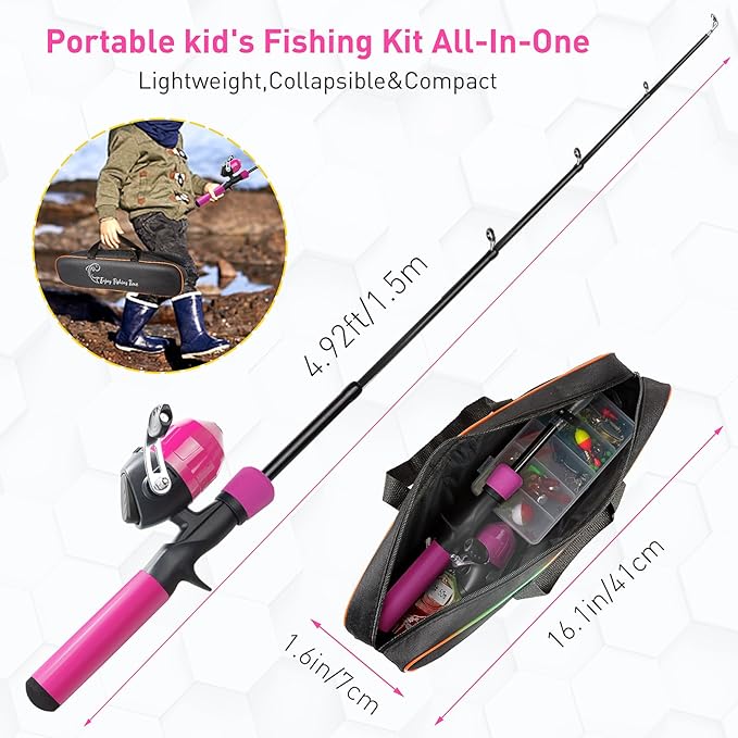 Kids Fishing Pole Kit, 59'' Telescopic Rod and Reel Beginner Combo with Spincast Reel,Tackle Box, Carrier Bag,Fishing Gear for Boys,Girls, Toddler,Youth