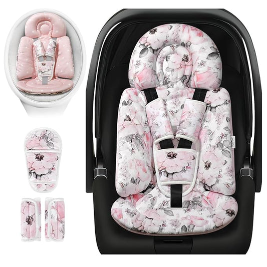 [Upgraded] Infant Car Seat Insert & Newborn Head Support, 3 Strap Covers + Reversible 2-in-1 Design – All Seasons Baby Car Seat Cushion for Stroller, Swing, Rocker, Bassinets
