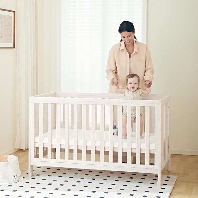 EvoNest Baby Crib, 11 in 1 Convertible Mini Crib with Wheels, 100% New Zealand Wood Growing Bed, 4 Adjustable Mattress Height,Washed Natural