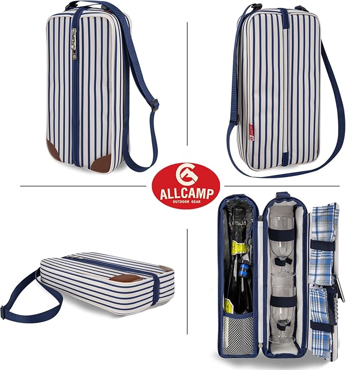 ALLCAMP Wine Tote Bag with Cooler Compartment，Picnic Set Carrying Two Sets of Tableware（Blue Stripe）