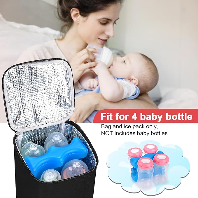 Accmor Breastmilk Cooler Bag with Ice Pack, Baby Bottle Cooler Bags, Insulated Bottle Cooler Tote Bags On The Go, Fits 4 Large 8oz Bottles, for Nursing Mom Daycare Travel, Black