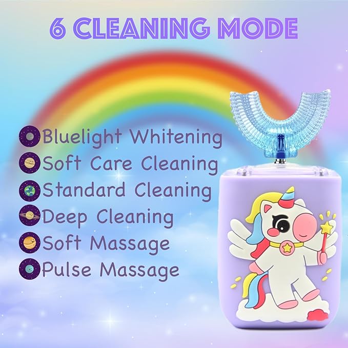 Kids Electric Toothbrush, U Shaped Toothbrush Kids Sonic Automatic Brush with Cup 5 Brush Head 6 Sonic Clean Modes IPX7 Waterproof Unicorn Design Rechargeable Smart Timer for Children 8-14