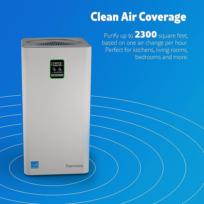 Kenmore PM4030 Air Purifier with H13 True HEPA Filter, Covers Up to 2300 Sq.Foot, 24db SilentClean 3-Stage HEPA Filtration System, 5 Speeds for Home Large Room, Kitchens & Bedroom
