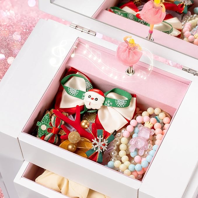 Jewelry Box for Girls, Musical Jewelry Box with Spinning Dancer Gifts for Little Girls Christmas New Year Birthday Children's Day, 5 Layer Large Wooden Kids Music Jewelry Organizer Box(White)