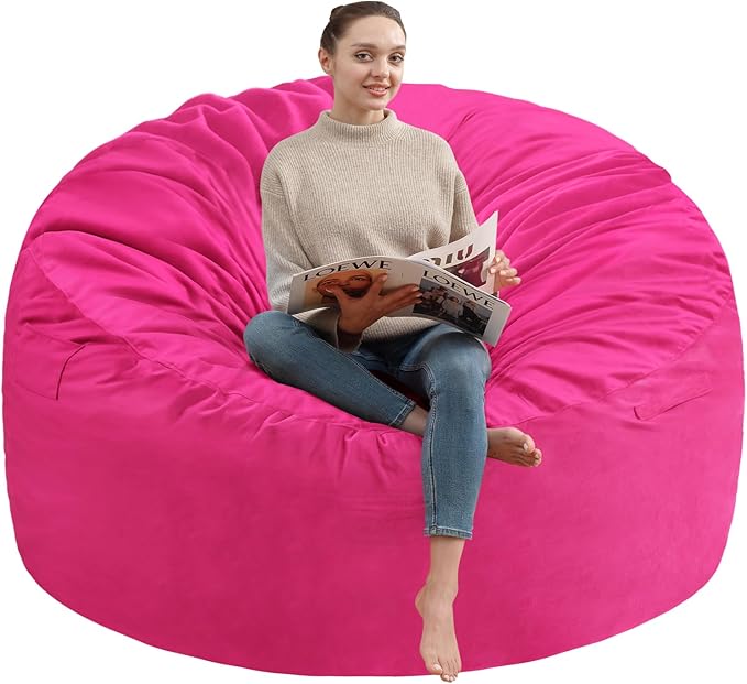 4FT Bean Bag Chair, Large Bean Bag Chairs with Memory Foam Filled, Fluffy Beanbag Sofa with Dutch Velvet Cover, Round BeanBag Chairs for Living Room, Playroom - Pink