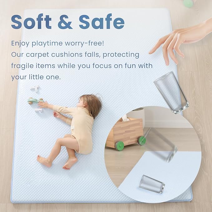 Baby Play Mat for Summer, 1.3 Thick Extra Large Memory Foam Cooling Floor Tummy Time Mat, Soft & Breathable, Non-Slip Rectangular for Toddlers’ Playtime & Rest(Light Blue,79"x118")