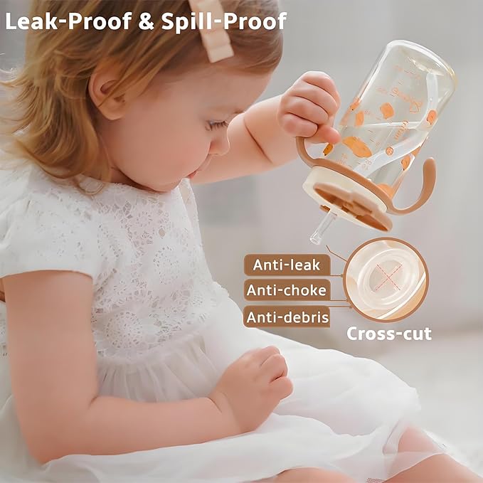 Evorie Tritan Spill Proof Toddler Straw Sippy Cup, 10 oz for Baby and Toddlers 1-3 Years Old, No Spill Straw Water Bottle with Removable Handles, Ideal for School, BPA-Free, Blue Rabbit