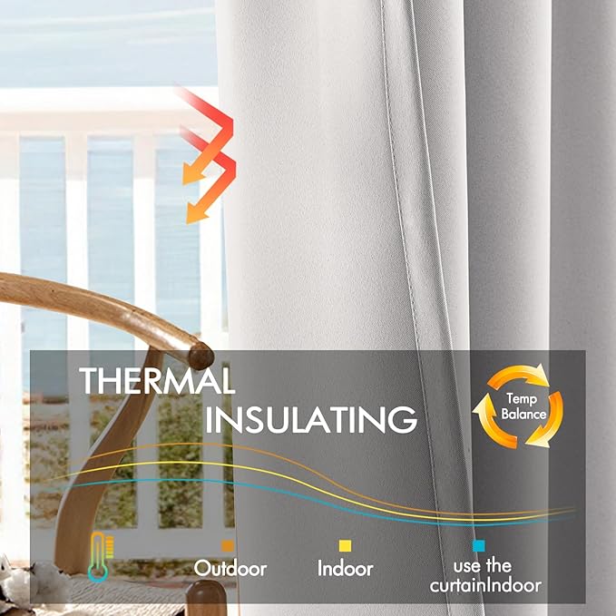 ANRODUO Back Tab Blackout Curtains for Bedroom Living Room, Rod Pocket Pinch Pleated Thermal Insulated Room Darkening Curtains 63 Inches Long 2 Panels, Greyish White, 42 x 63 Inch