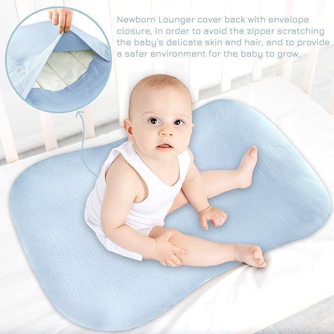 Hooyax Muslin Baby Lounger Cover Soft Organic Cotton Slipcover Fits Newborn Lounger for Baby Boys and Girls (Ice-Snow Blue)