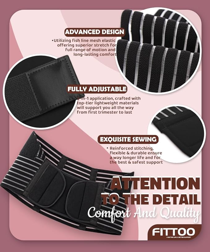 FITTOO Maternity Belt Back Support Belly Band Pregnancy Belt Support Brace Abdominal Binder Waist Support Black S