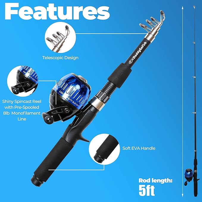 DaddyGoFish Kids Fishing Pole - Rod Reel Combo Tackle Box Starter Set - First Year Small Dock Gear Kit for Boys Girls Toddler Youth Age Beginner Little Children Junior Anglers Older Kids