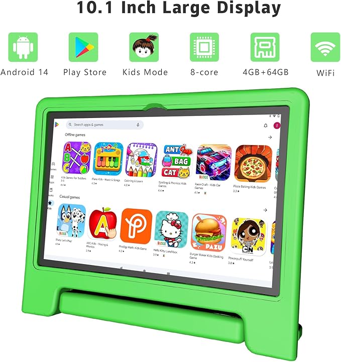 Kids Tablet, 10.1 Inch Tablet for Kids Android 14, 64GB Octa-Core, WiFi, Big Battery, Kids Space, Parental Control 1280 * 800 HD Display Children Tablets Green