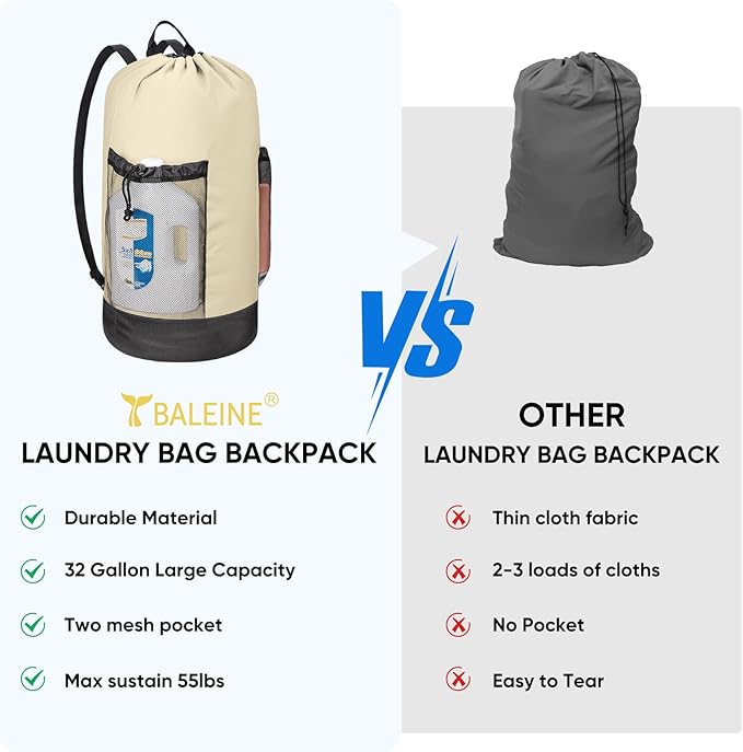 BALEINE 150L Laundry Bag Backpack, 900D Oxford Fabric Large Travel Laundry Bags with Shoulder Straps and 2 Mesh Pockets for College Dorm, Apartment, Laundromat (Beige, 150L)