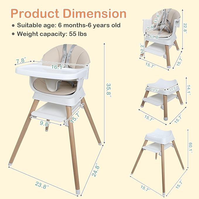 9 in 1 Convertible Baby High Chair with Booster, Wooden Highchair for Babies and Toddlers with Adjustable Tray & 5-Point Harness, Multi-Functional Growing Seat for Feeding, Learning & Play, Beige