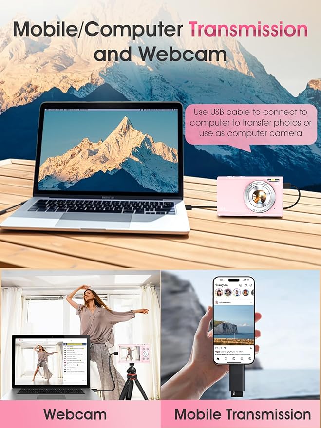 Digital Camera,Autofocus 4K Vlogging Camera for Photography with 32GB Card,48MP Portable Compact Point and Shoot Digital Camera for Teens Adult Beginner with 16X Zoom,Anti-Shake,2 Batteries(Pink)