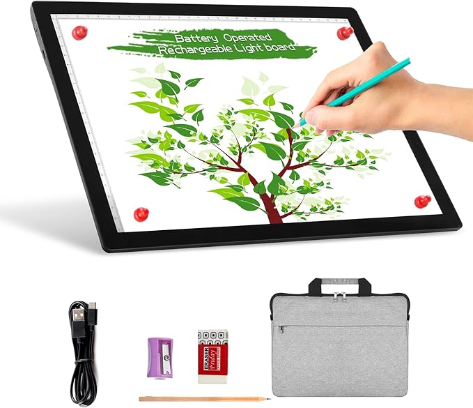 A4 Wireless Battery Powered Light Pad with Case, TOHETO Tracing Light Box Dimmable Brightness Rechargeable LED Light Board Portable Cordless Copy Board for Artist Drawing Sketching X-ray Viewing