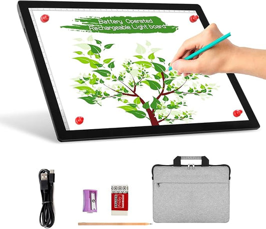A4 Wireless Battery Powered Light Pad with Case, TOHETO Tracing Light Box Dimmable Brightness Rechargeable LED Light Board Portable Cordless Copy Board for Artist Drawing Sketching X-ray Viewing