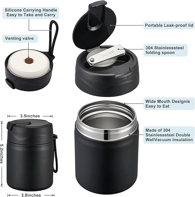 17oz Soup Thermo for Hot Food Kids,Insulated Food Jar with Spoon,Thermo Hot Food Lunch Container,Wide Mouth Leakproof Stainless Steel Lunch Box for School-Black