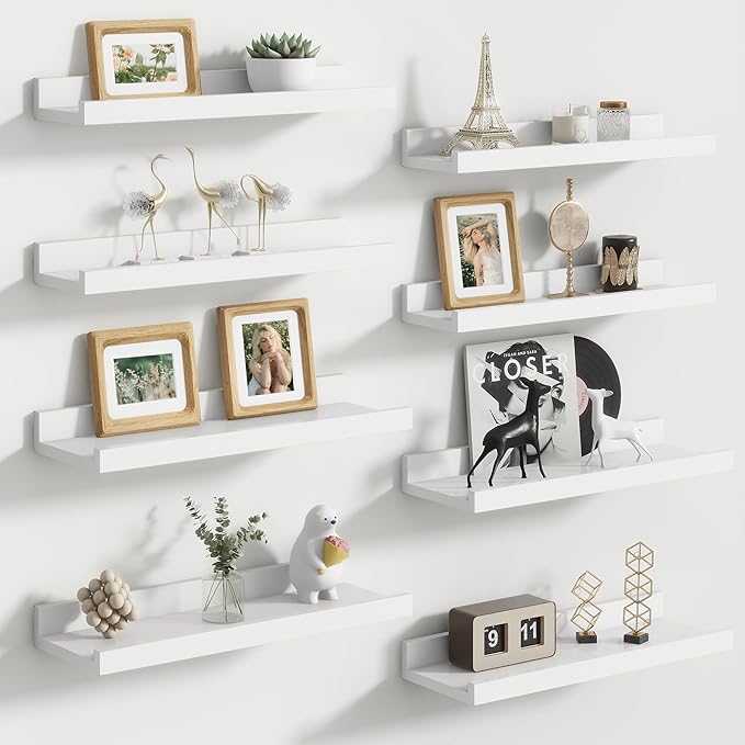 Floating Picture Ledge Shelves for Wall Set of 8, 16 Inch Solid Wood Wall Shelves with Lip Long Large Nursery Book Shelf for Toys Storage Kids Bookshelf Wall Mounted Living Room Bedroom Decor Frames