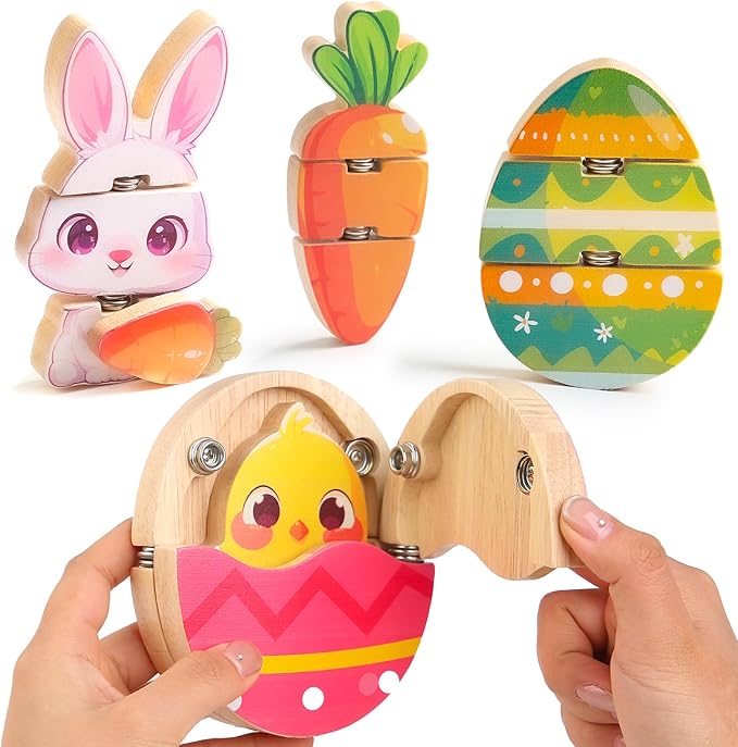HUZU Easter Snap Builders, Easter Basket Stuffers Bunny, Carrot, Egg, Chick Wooden Puzzle Toy, Basket Essentials Take Apart & Mix Characters Kids Montessori STEM Fine Motor Skill