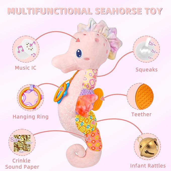 Baby Toys 0-6 Months,Infant Musical Seahorse Stuffed Animals Sensory Toys with Bright Colors,Multiple Textures,Rattles & Crinkle Sound Paper,Soft Tummy Time Toy for Newborn Boys Girls 0-12 Months-Pink