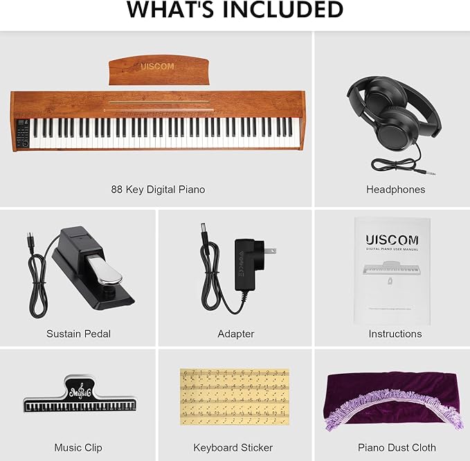 88 Key Digital Piano Keyboard for Beginners,Full Size Electric Piano Semi-Weighted Keyboard with Sheet Music Stand,Pedal,Headphone,Power Adapter,USB-MIDI Compatibility,Wood Grain Brown