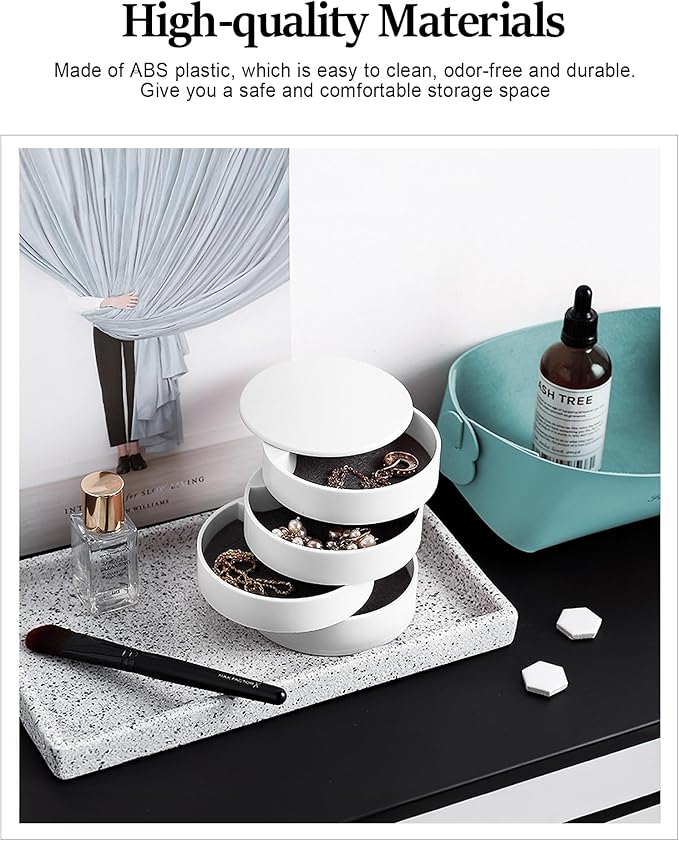 CONBOLA Jewelry Organizer, Small Jewelry Storage Box Earring Holder for Women, 5-Layer Rotating Travel Jewelry Tray Case with Lid for Bracelets Rings Bracelets, Gift for Women Teen Girls(White)