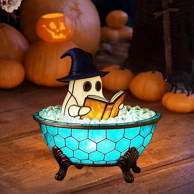Ghost Bubble Bath Lamp, Halloween Light up Ghost Night Light, LED Flickering Nightlight, Cute Bathtub Spooky Books Nightlight for Halloween Ghost Decor