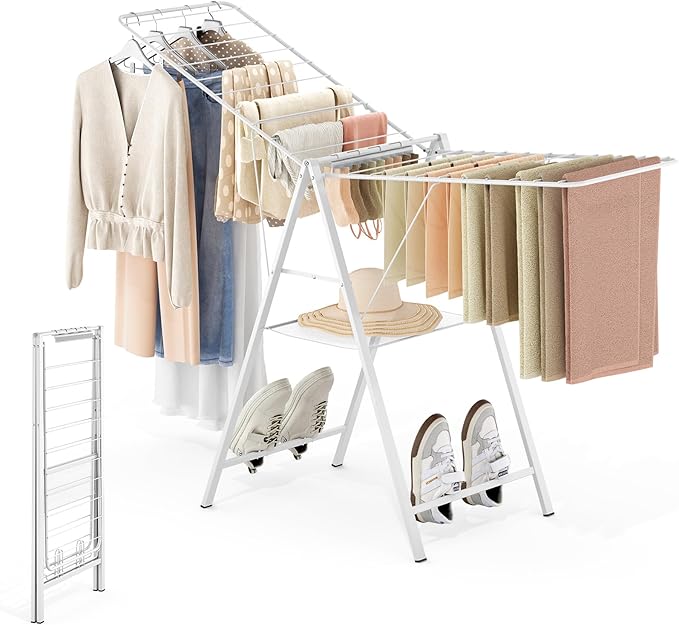 APEXCHASER Drying Rack Clothing, Clothes Drying Rack Foldable, Metal Laundry Drying Rack Collapsible for Sweater Towel Indoor Outdoor, Gullwing Clothes Rack Drying with Height Adjustable Rails, White