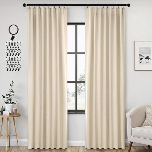 ANRODUO Back Tab Blackout Curtains for Bedroom Living Room, Rod Pocket Pinch Pleated Thermal Insulated Room Darkening Curtains 84 Inches Long 2 Panels, Cream Beige, 42 x 84 Inch