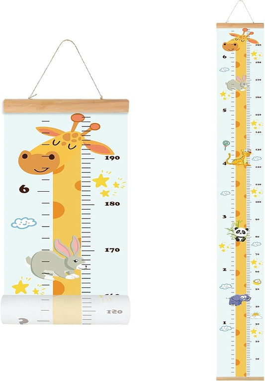 Kids Growth Chart, Wood Frame Fabric Canvas Height Measurement Ruler from Baby to Adult for Child's Room Decoration 7.9 x 79in (7.9 x 79in, Giraffe)