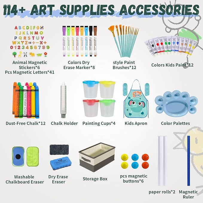 Easel for Kids,Adjustable Wooden Art Easel for Kids,114+ Art Supplies,Double Sided Magnetic Chalkboard and White Board for Kid,Drawing and Painting for Aged 2-4,5-7,8-12,2 Paper Rolls