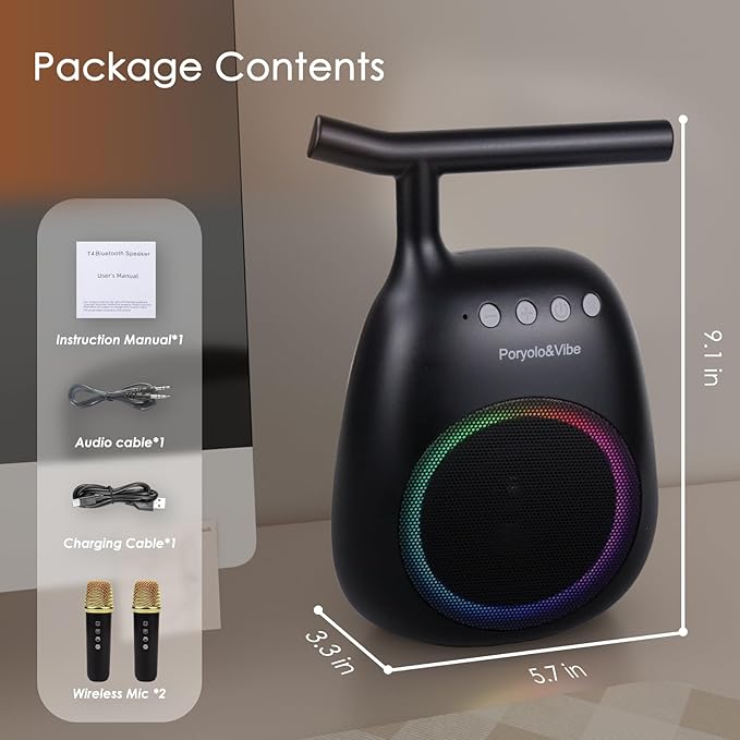 Karaoke Machine for Kids Adults Portable Bluetooth Speaker with 2 Wireless Microphones LED Lights Artistic Design 8-Hour Battery Support Family&Party Choice Fun for All Ages Gifts