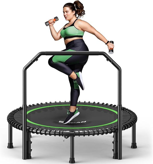 BCAN 40"/48" Mini Rebounder Trampoline for Adults with Bar, 450/550LBS Fitness Trampoline with Bungees, Adjustable Handle, Stable & Quiet, Indoor Outdoor, Whole-Body Workout & Relaxation at Home