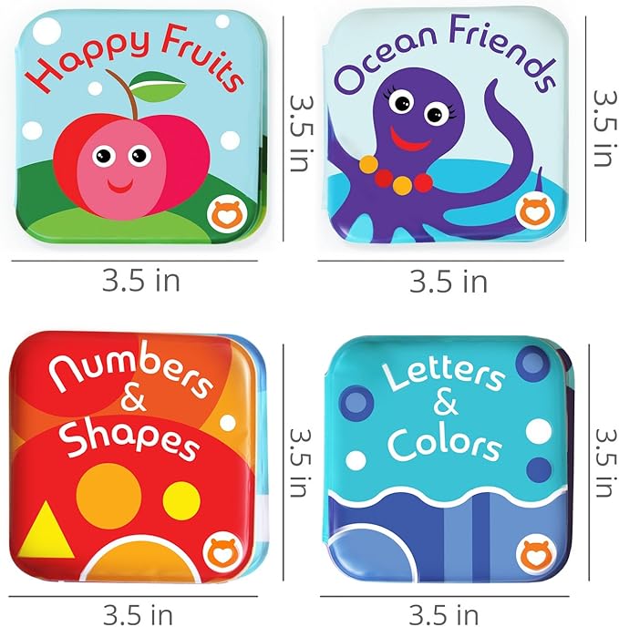 Floating Baby Bath Books Set of 4 - Bath Books for Babies, Infants - Waterproof, Mold-Free Bath Toys for Learning & Early Education (Fruit, Ocean, ABC, Numbers Books)