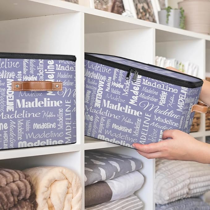 Custom Storage Basket with Name, Personalized Storage Bins with Zipper Lid, Foldable Fabric Storage Box Large capacity with Handle Haze Purple