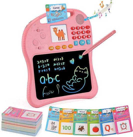 Kids Educational Learning Toys with Math Games,Talking Flash Cards and Writing Drawing Tablet, Speech Therapy Autism Sensory Toys Gifts for Toddler Preschool Activities Boys Girls Ages 3-10 (Pink)