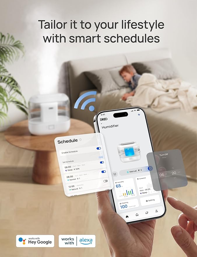 Dreo Smart Humidifier, Cool Mist Humidifiers for Bedroom, Quiet 4L Top Fill Ultrasonic Humidifiers for Home Office Plant & Baby with Nightlight, LED Display, 36H Runtime, APP/Voice Control, HM311S