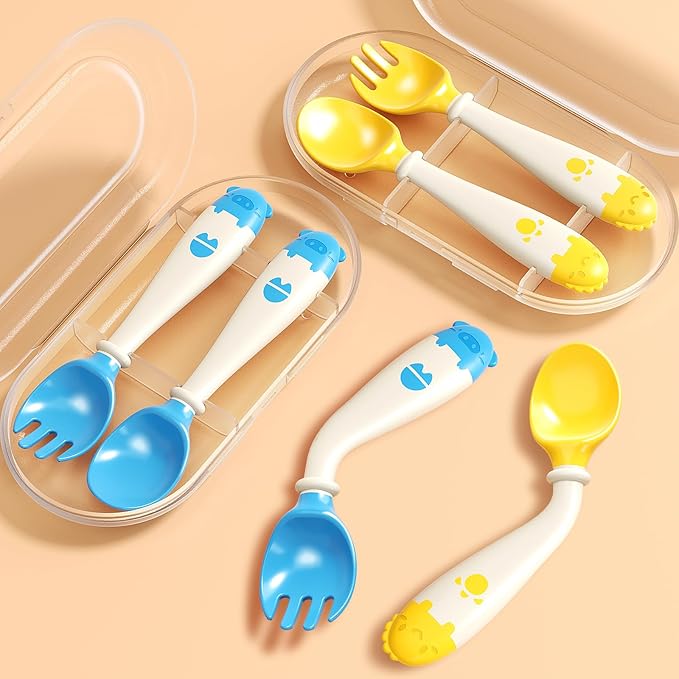 Deejoy Toddler Utensils with Travel Safe Case, Silicone Baby Spoons and Fork Set for Self Feeding, Toddlers Feeding Training Spoon, Easy Grip Heat-Resistant, Bendable Function (2 Sets, Yellow+Blue)