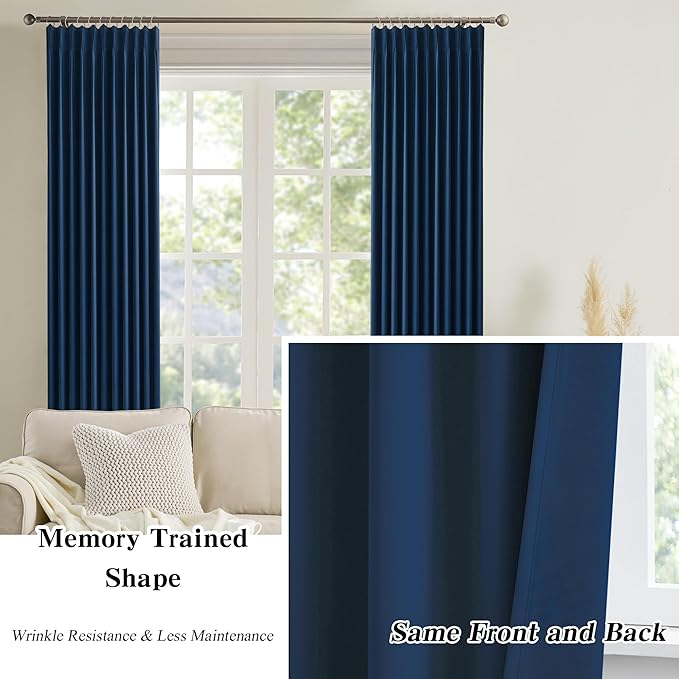KEQIAOSUOCAI Pinch Pleated Blackout Curtains 2 Panels Set, Black Out with Hooks Thermal Insulated Room Darkening Privacy Window Curtain Panels for Bedroom(Navy Blue, 40 Wide x 45 Long)