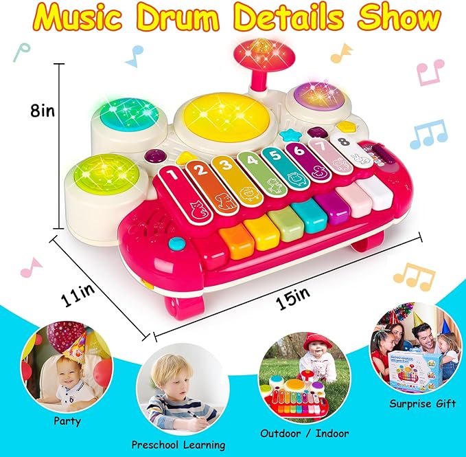 3 in 1 Musical Toys for Toddlers 1-3 Piano Xylophone Drum Set Toys for 1 2 3 Year Old Girls Birthday Music Instruments Baby Learning Developmental Sensory Toys Toddler Toys Age 1-2 2-3